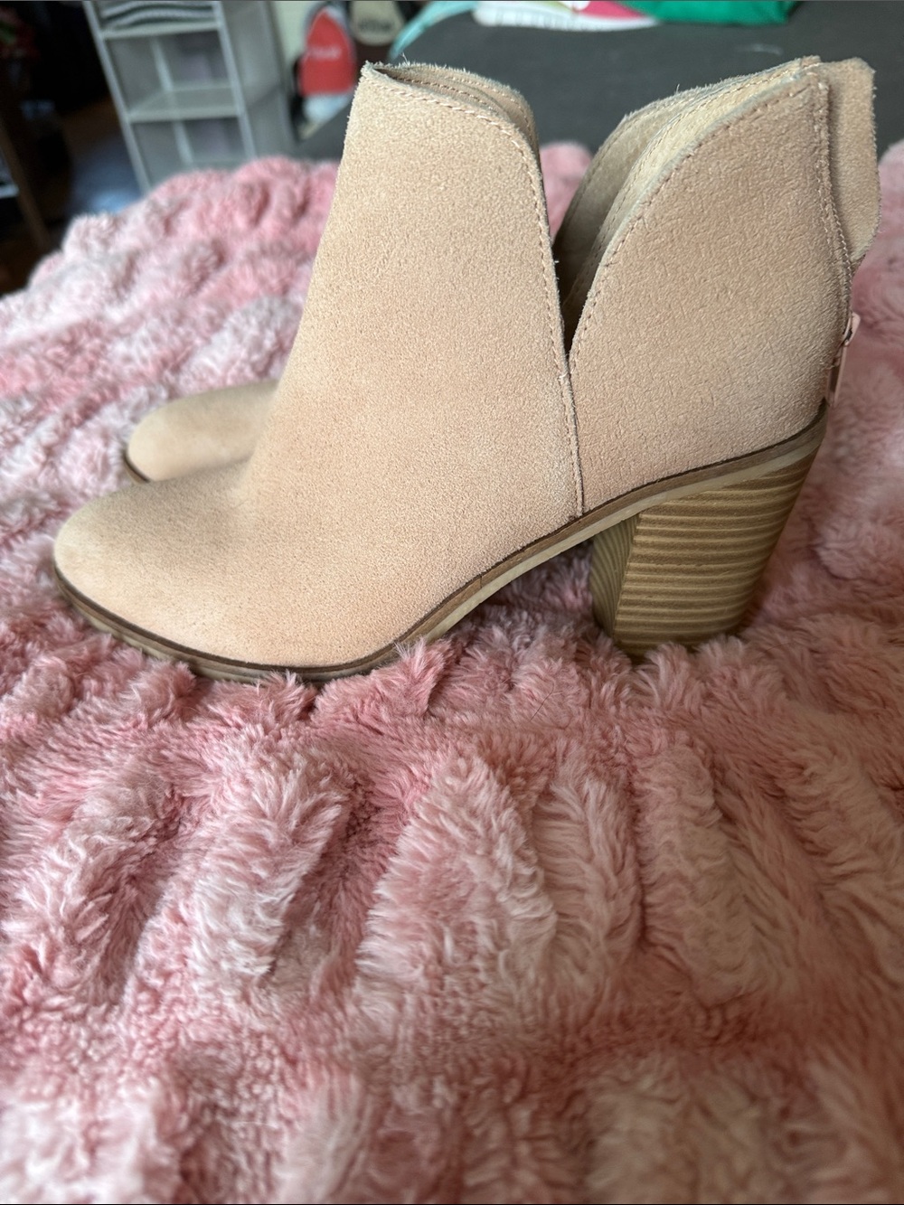 Suede Cutout Ankle Boots in Blush Tan with zipper backs. - Women